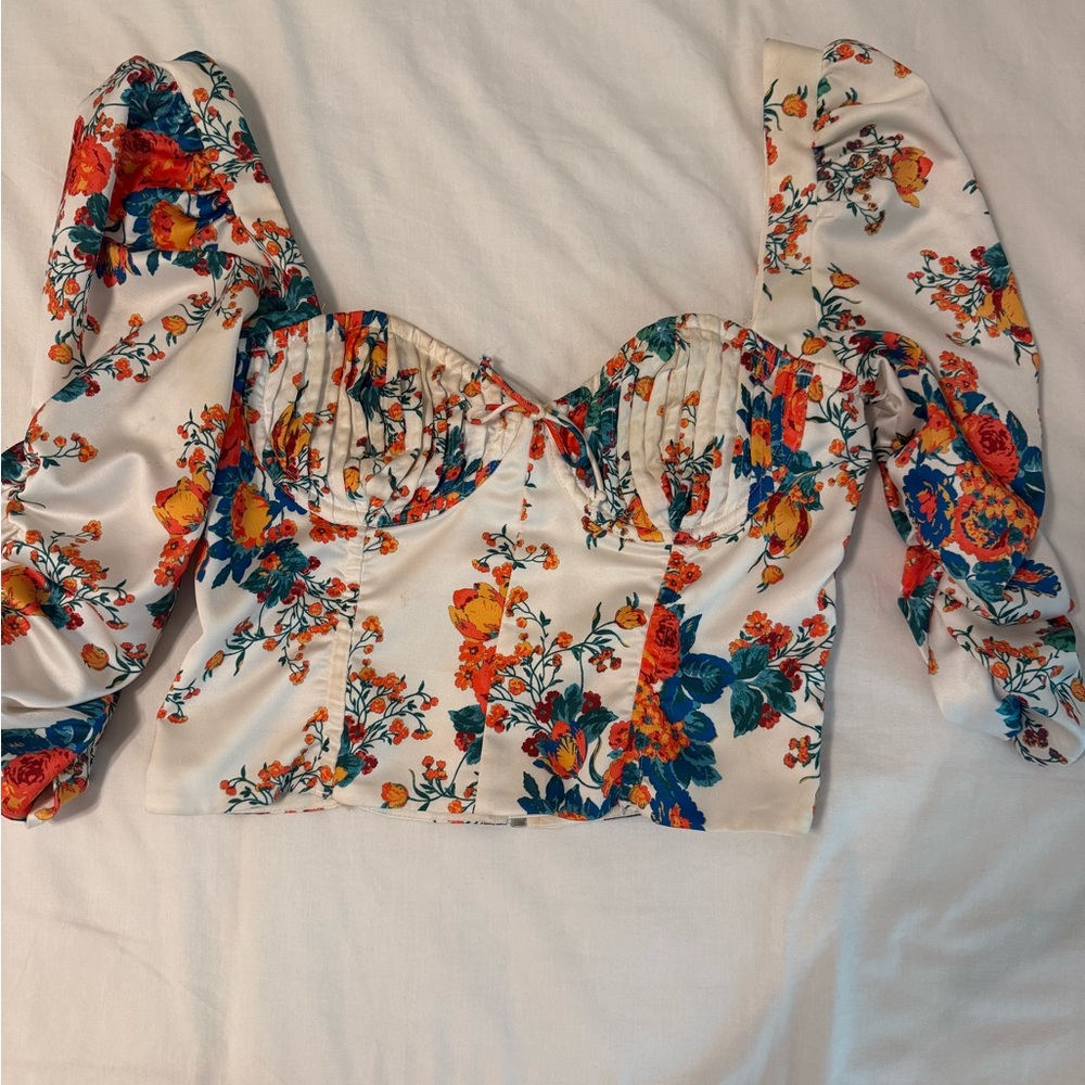 For Love And Lemons Orange Blue Ruched Bustier Blouse